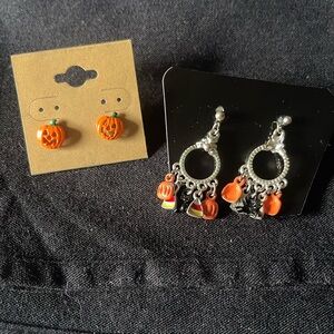 Halloween Earring Lot, Pumpkin Studs & Dangle Charms, 2 Pair, NOS